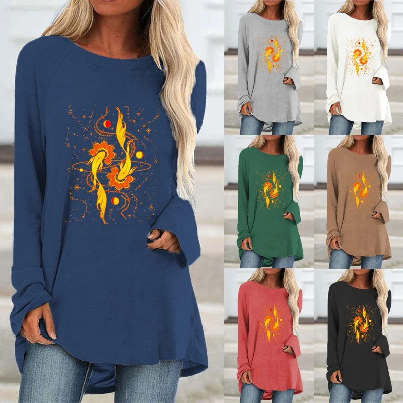 

Модная рубашка с принтом, футболка с графическим рисунком, женская Свободная рубашка с круглым вырезом и длинным рукавом, повседневные топы на осень и зиму