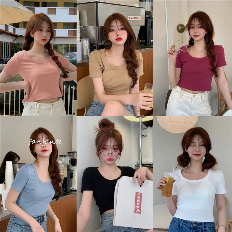 

Women's T-shirts Tops Japanese Kawaii Ulzzang Loose Retro Ins Solid Color T-shirt Female Korean Harajuku Clothes for Women
