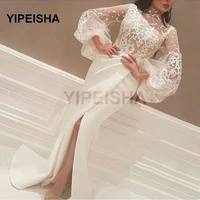 2021 sexy see through lace appliques evening dress high neck mermaid long sleeves front split prom party gown robes de soir%c3%a9e