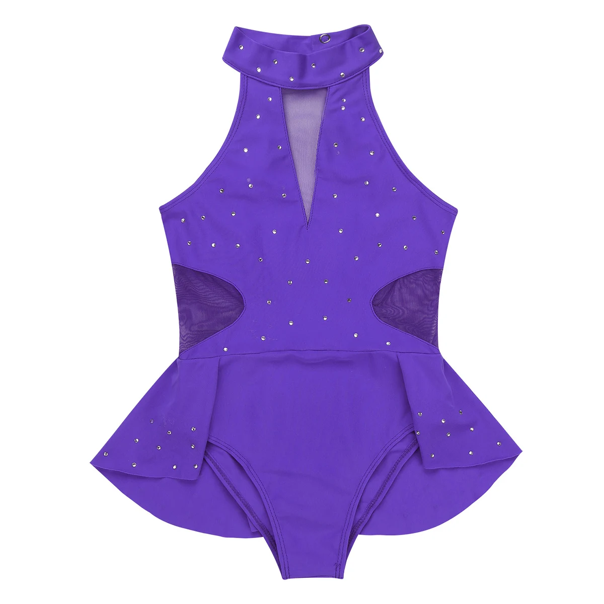 Kids Teens Rhinestone Cutout Back Mesh Splice Figure Skating Dress Gymnastics Ballet Leotard Girls Stage Lyrical Dance Costumes | Детская