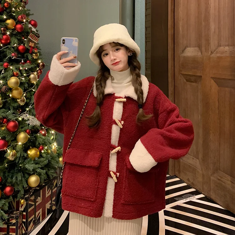 

New Year's Red Imitation Lamb Wool Coat Women's Autumn And Winter 2021 New Korean Loose Small Ox Horn Button Top