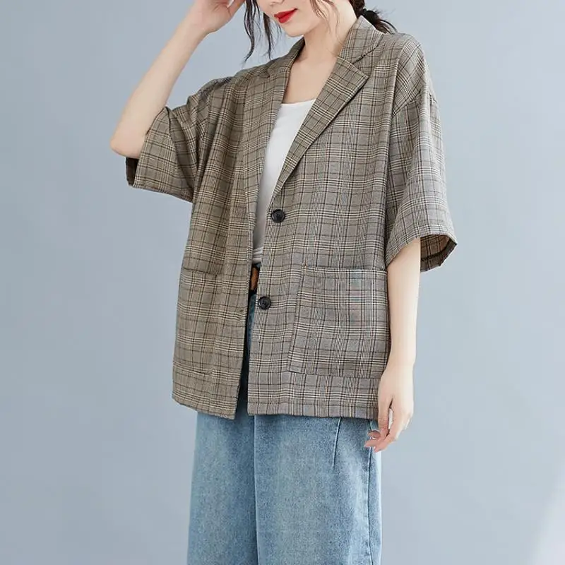 Женский клетчатый Блейзер оверсайз повседневная куртка с коротким рукавом на