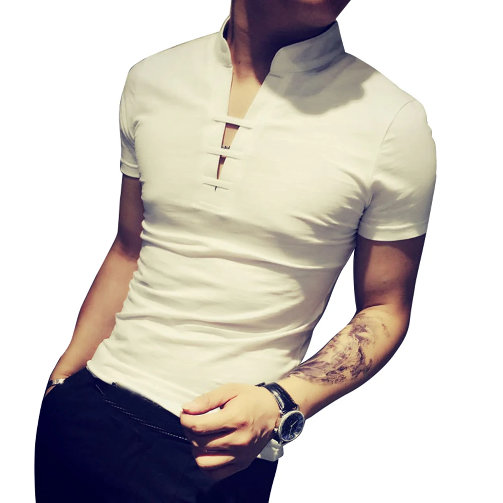 Модная Летняя мужская Однотонная футболка с v-образным вырезом и коротким
