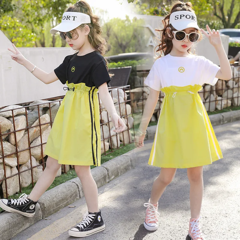 

Children's Clothing Summer Short-Sleeve Little Girls Waist Fashion Black White Stitching A-Line Skirt 12 Years Boutique Outfits