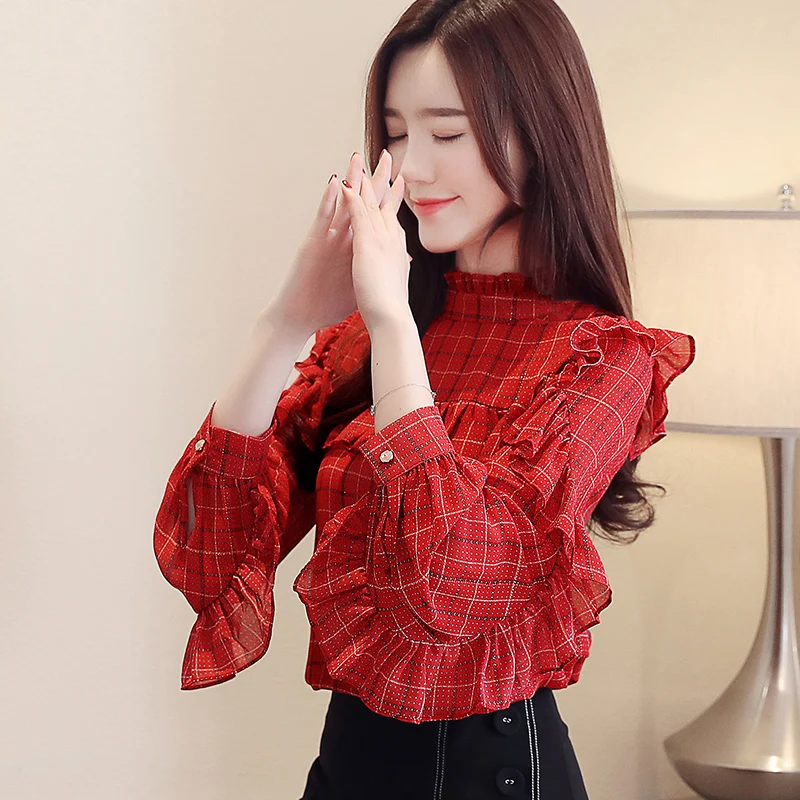 

Spring Autumn Women's Stand-up Collar Plaid Shirt New Chiffon Ruffled Plaid Shirt Tops Female Wild Long-sleeved Shirt GD563