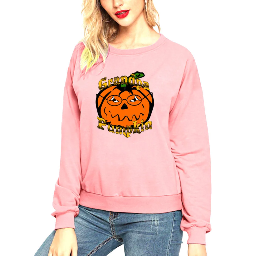 

Halloween Pumpkin Face Fun Pattern Printed Long Sleeve Tops Round Neck Sweatershirt Letter Printing Sweatshirt Women