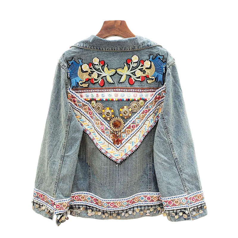 

Fashion Embroidery Flowers Chain Tassel Denim Jacket Women Streetwear Korean Outwear Loose Casual Short Jeans Jacket Coat Female