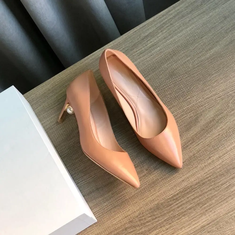 Популярные туфли женские классические лодочки с жемчужинами из натуральной кожи