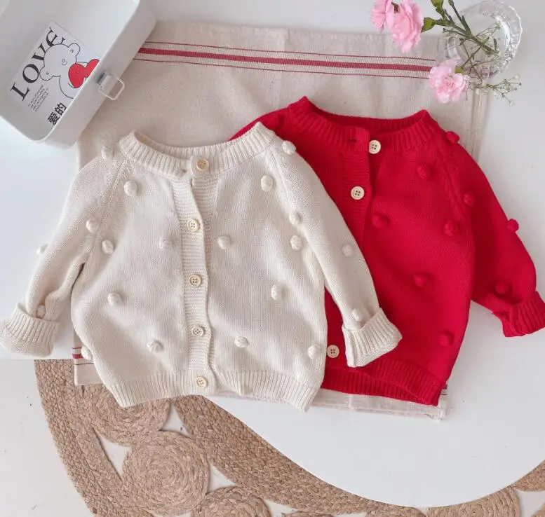 

Autumn Baby Girls Cute Knitted Cardigans Toddlers Plush Ball Decoration O-NeckLong Sleeve Single-breasted Outwear Casual Tops