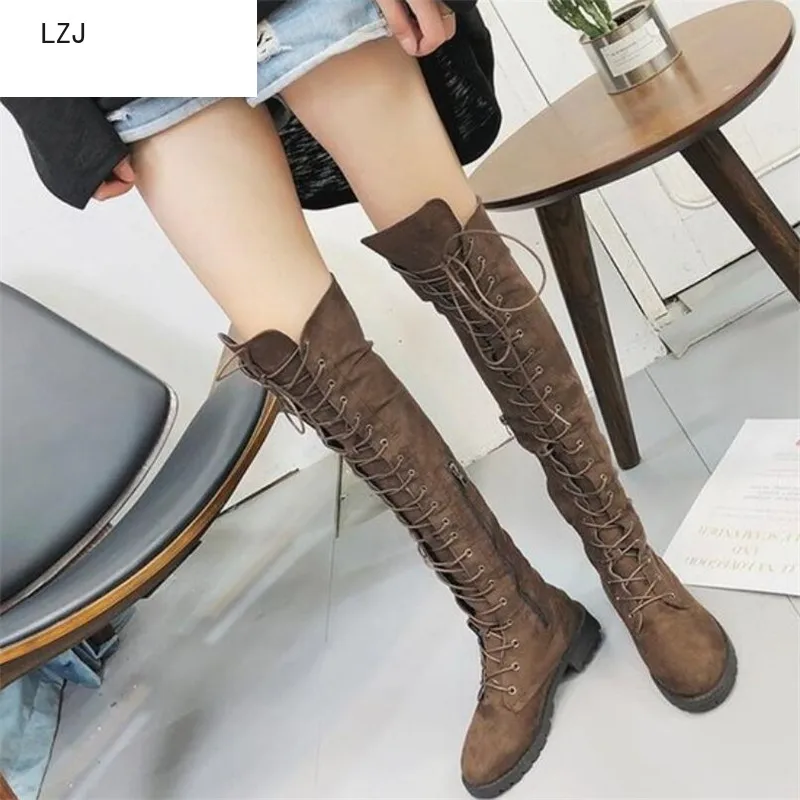LZJ Lace Up Over Knee Boots Women rome Woman suede long botas mujer invierno 2019 Winter Thigh High | Обувь