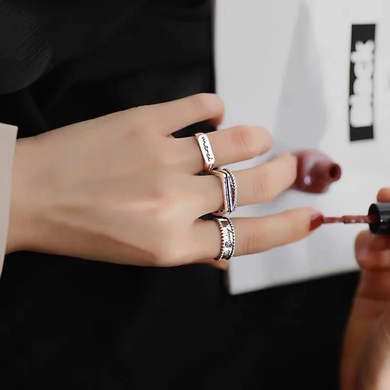 

Stackable Chunky Twist Multi-Layer Wave Woven Letter Good Luck Engraved Silver Color Ring For Women Jewelry Accessories