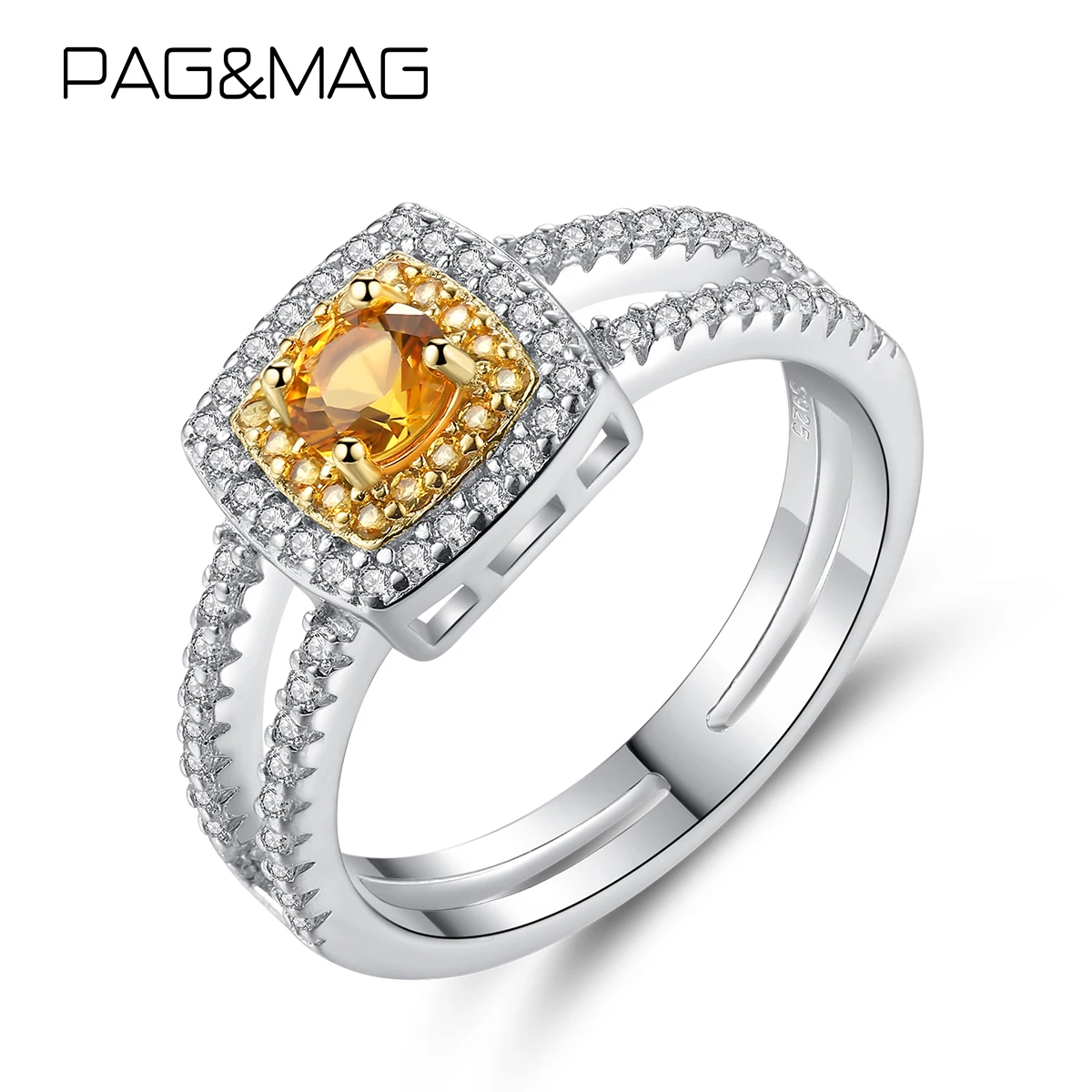 

Женское Двухслойное кольцо PAG & MAG, кольцо из стерлингового серебра 925 пробы с элегантным цитрином, ювелирное украшение из драгоценных камней...