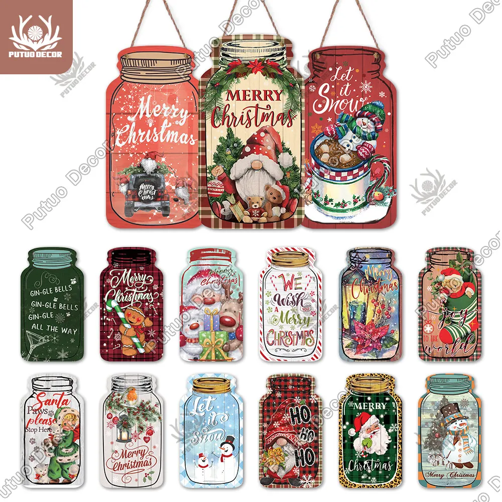 

Putuo Decor Christmas Mason Jar Shaped Wooden Sign Farmhouse 2022 New Year Navidad Noel Gift for Home Decor Xmas Tree Decoration