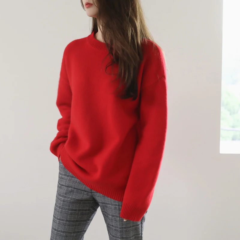 

Autumn Cashmere Sweater Women O-Neck Solid Loose Knitted Jumpers Korean Vintage Red Pullovers Casual Oversize Streetwear X388