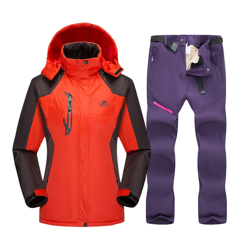 Orange Purple Лыжный костюм для женщин, уличная водонепроницаемая ветрозащитная куртка для сноуборда, лыжная куртка, штаны, зимние лыжные флисовые куртки, женский лыжный костюм - Цвет: Orange Purple