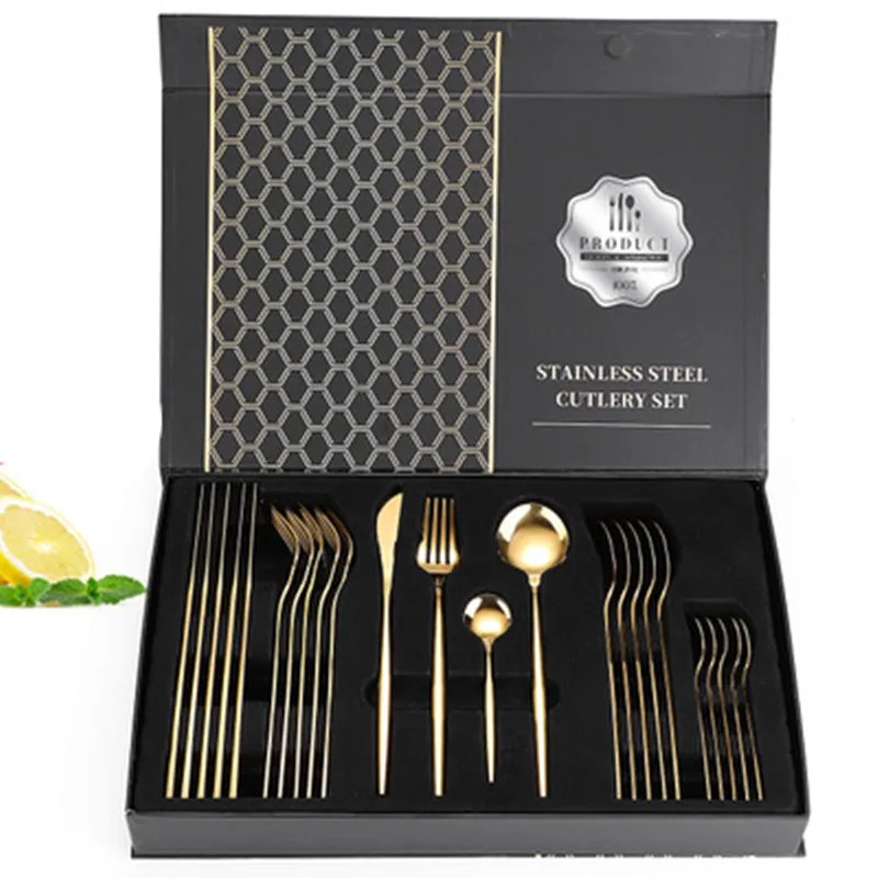 

24pcs/set Cutlery Steak Knife Vegetables Fork Milk Spoon Flatware multi-color set Dishwasher Safe Cutlery Tableware set