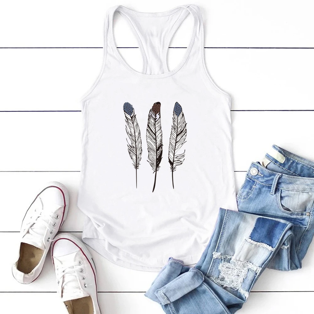 

Female Graphic Tops for Women Ladies Cotton Ropa MujerCasual Three Feathers Printing Tank Top Women Sleeveless Summer Vest