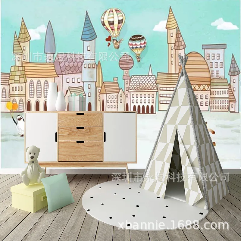 Ручная Роспись Мультфильм Креативный Пингвин замок стены обои Аренда детей