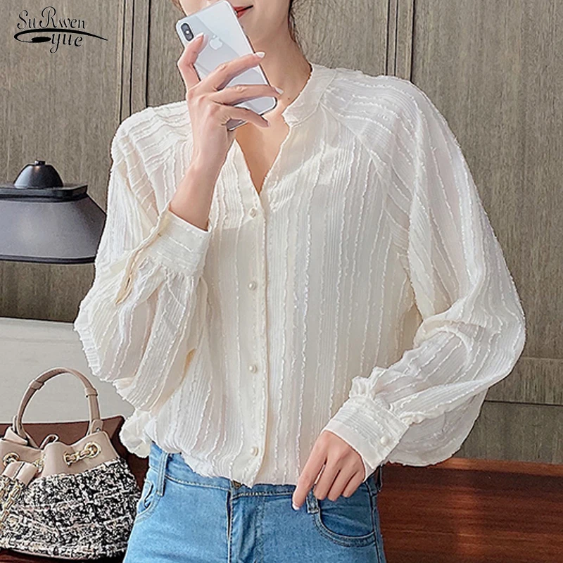 

2021 Autumn New Korean V-neck Fashion Chiffon Shirt Women Casual Long Sleeve Cardigan Blouse Women Plus Size Ladies Tops 10625