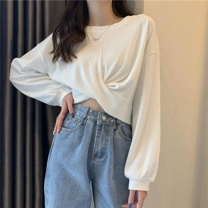 

Spring 2021 New Korean Style White Hoodie Women 's Fashionable Ins Loose and Lazy Style Cross Design Short Top