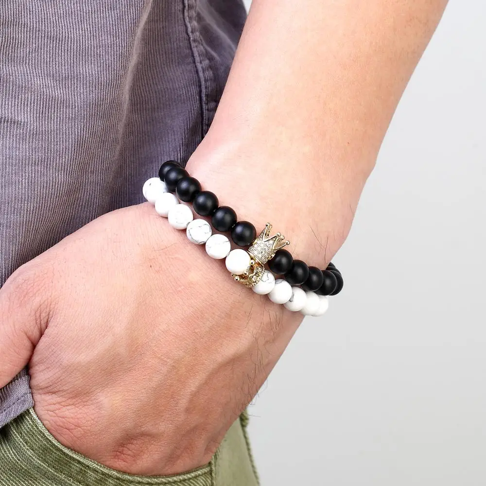 202 Crown Bracelet Couple Female Jewelry 8mm Natural Stone Micro Inlaid Zircon Gold andMen homme Gift | Украшения и аксессуары