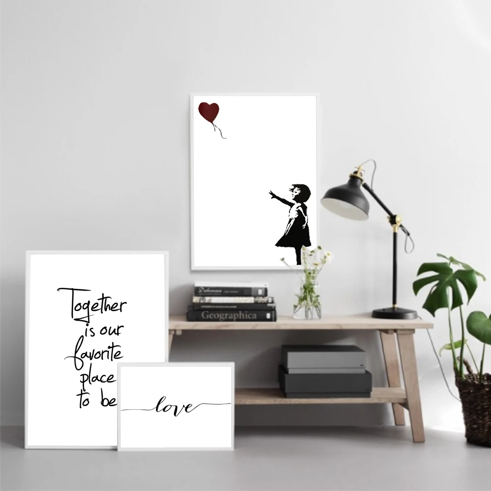 

Banksy Girl With Balloon Wall Art Canvas Poster And Print Together Love Quote Canvas For Living Room Painting Decorative Picture