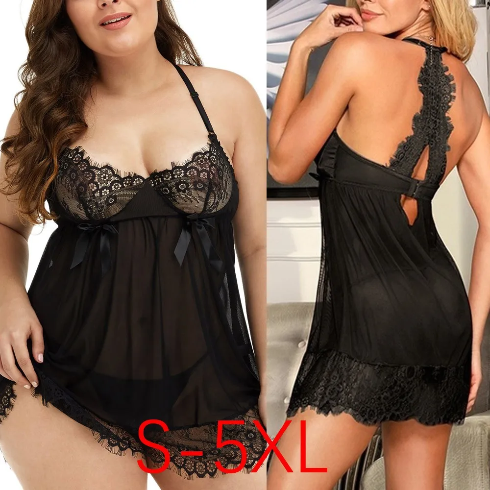 

Размера плюс, сексуальное эротичное женское белье, сексуальные Babydoll женское нижнее бельё с Черная кружевная ночная рубашка большого размер...