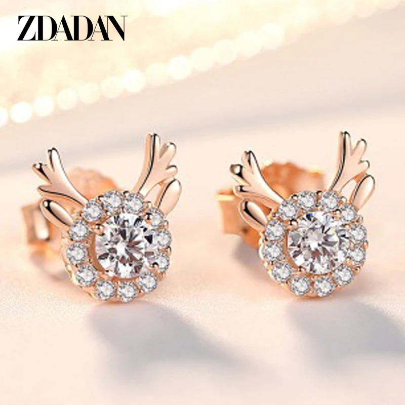 

ZDADAN 925 Sterling Silver Elk Stud Earring For Women Rose Gold Inlaid Diamond Earrings Party Accessories Wholesale