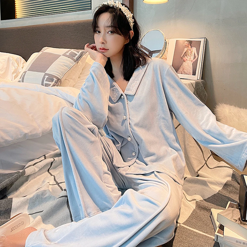 

Women's Pajamas Set Thick Flannel Sleepwear Casual Warm Winter Button Island Fleece Female Home Clothing Two-piece Set Nightwear