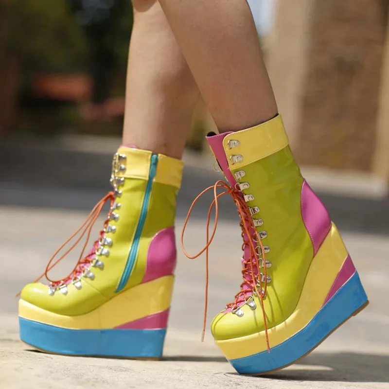 

GXCMHBWJ Ins Hot Punk Gothic Style Wedges Mixed Color High Platform Women Ankle Boots Thick Bottom Side Zip Demonia Ladies Boots