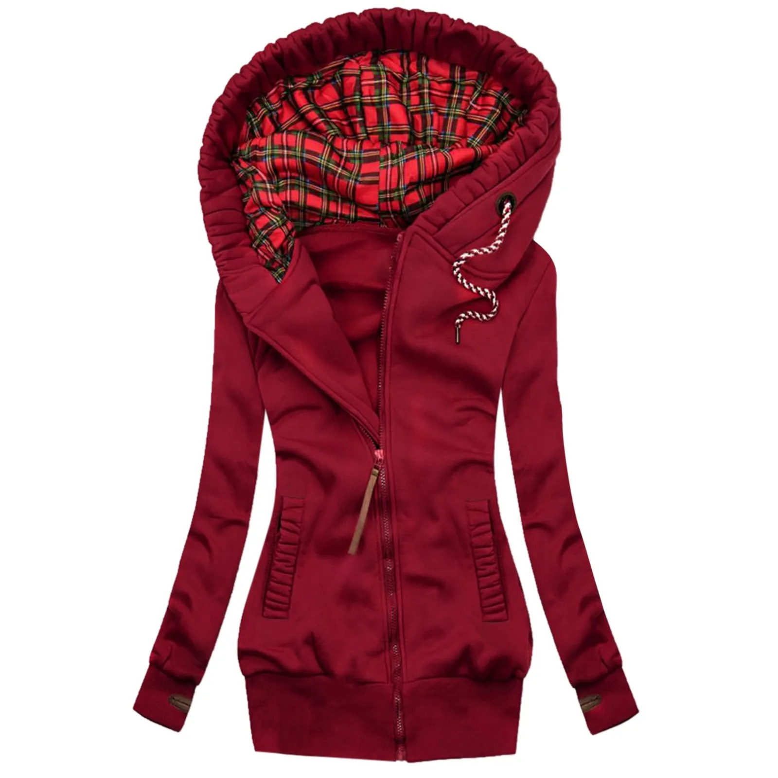 2021 Zip Up Hoodie Women Fashion Plaid Print Jacket Zipper Pocket Sweatshirt Long Sleeve Coat Sudadera Mujer Jacket Outwear Zipp