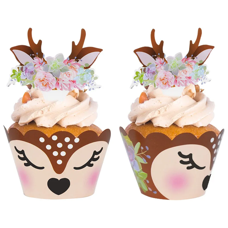 

24Pcs/Set Elk Deer Cake Border Baby Cake Topper Kids Birthday Cupcake Wrapper Decorating Tool Christmas New Year Party Supplies