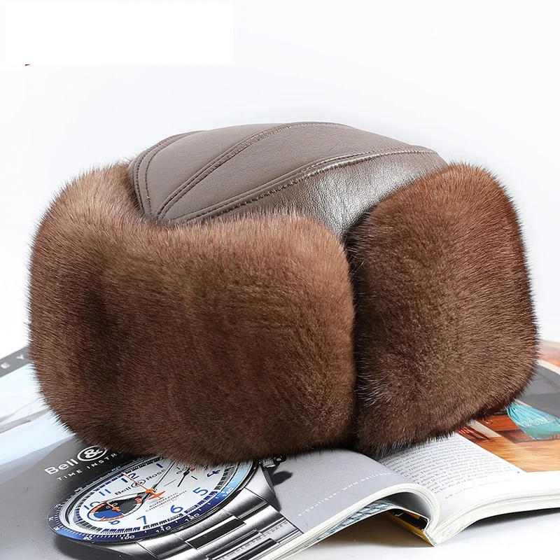 Mink Fur Caps Men Luxury Winter 100% Whole Marten Hair Genuine Leather Bomber Hats Male Thick Ear Warm Brown/Black Gorras Hombre