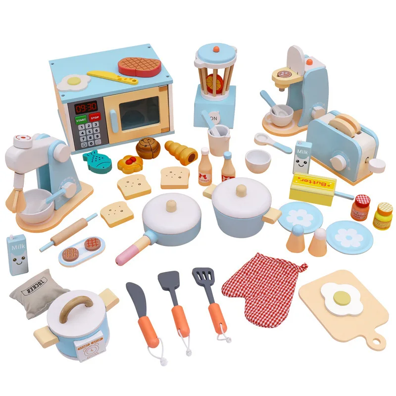Kitchen Pretend Play House Toy Wooden Simulation Coffee Maker Toaster Blender Children Role Playing Educational Toy Holiday Gift