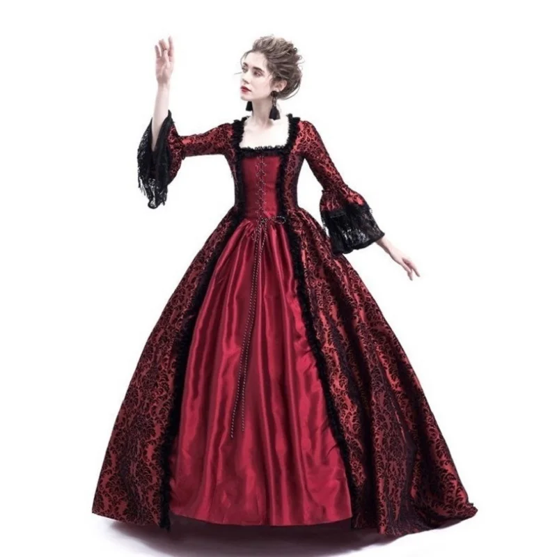 Larp Halloween Velvet Witch Princess noble Long Dress Adult Costume Cosplay Outwear Gothic Medieval Dress trumpet Queen Costume