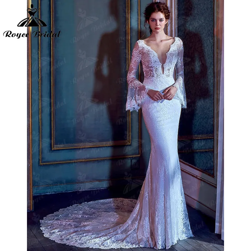 

Charming Mermaid Boho Wedding Dresses Deep V Neck Long Flare Sleeve Backless Sweep Train robe mariée sirene Roycebridal 2022