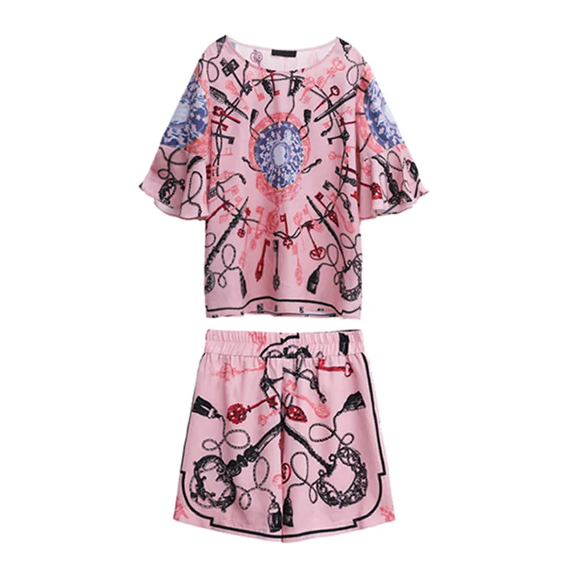 

Fashion Suit Female 2021 Summer New Round Neck Pullover Short-Sleeved Top + Elastic Waist Shorts Casual Chiffon Two-Piece Woman