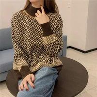 sweater vintage rhombus turtleneck sweater womens thick 2021 autumn and winter korean style loose outer wear pullover sweater
