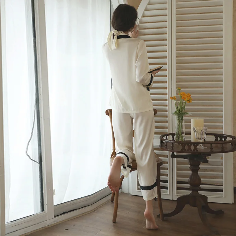 

Women Spring Ice Silk Pajamas Long Sleeve Trousers Satin Pijama Mujer Lapel Solid Lounge Wear Two Piece Sleepwear Set Nightwear