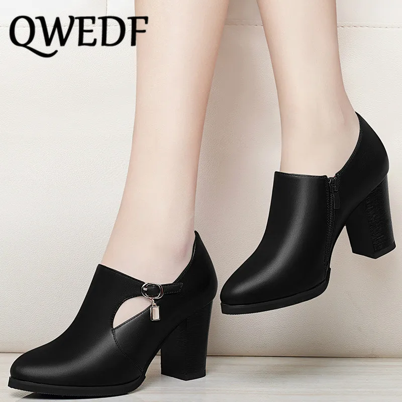 Женские туфли на высоком каблуке из толстой кожи 2019 весна большой Размеры с