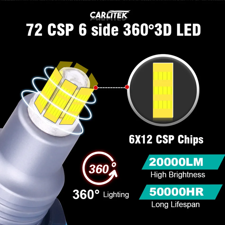 Carlitek H7 LED 360 HB3 Led H11 H8 9005 9006 HB4 Автомобильные фары диодные противотуманные 6000 K 20000