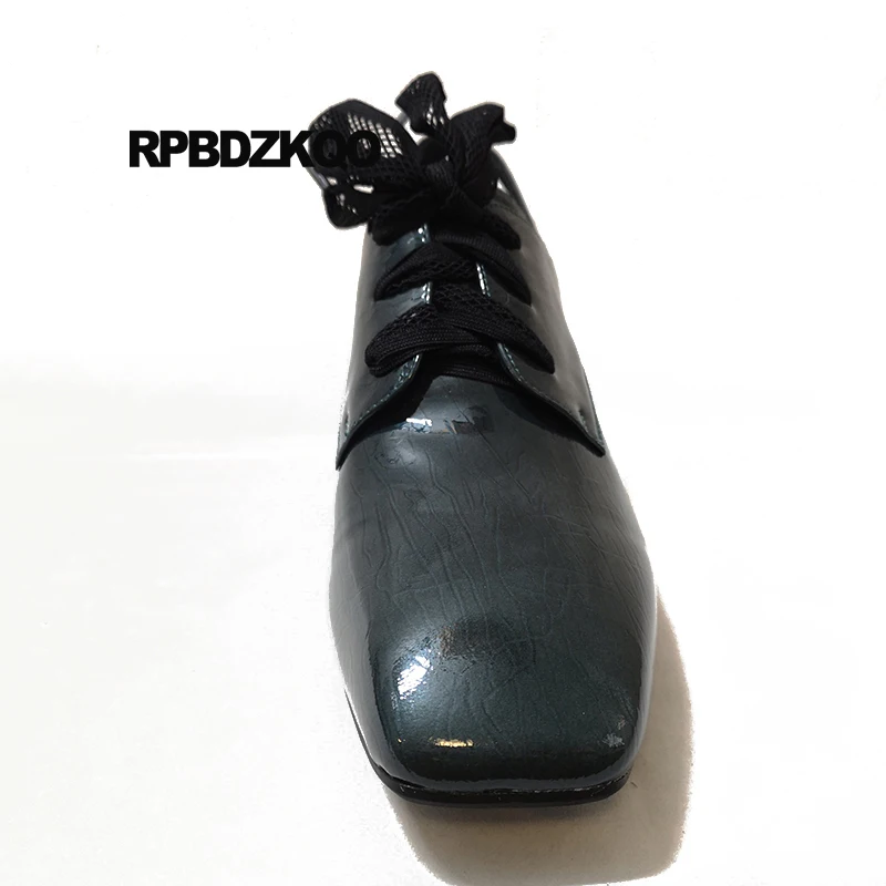 Beli Sepatu Pump Lace Up Kualitas Tinggi Desainer Wanita Berujung Persegi Musim Gugur Blok Mules Slipper Fashion Tebal Biru Kulit Asli Paten