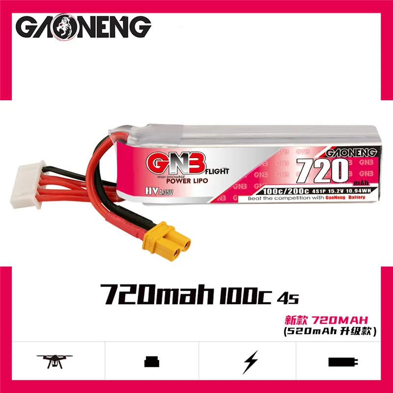 

GAONENG GNB 720mAh 4S 15.2V HV Lipo Battery XT30U-F Plug 100C/200C for RC Tinywhoop FPV Frame Kit Racing DRONE