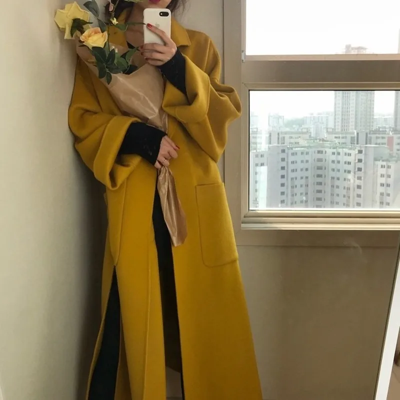 

Women Elegant Winter wool Overcoat Long Bandage Woolen Coat Cardigan Loose Plus Size Abrigos Mujer Manteau Femme Hiver coat
