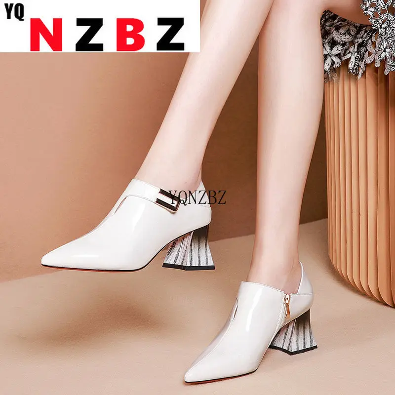 

2022 Spring Fall Women's Shoes Soft LEATHER High Heels Pointed Toe Woman Pumps Square Buckle White Black Shoes Woman