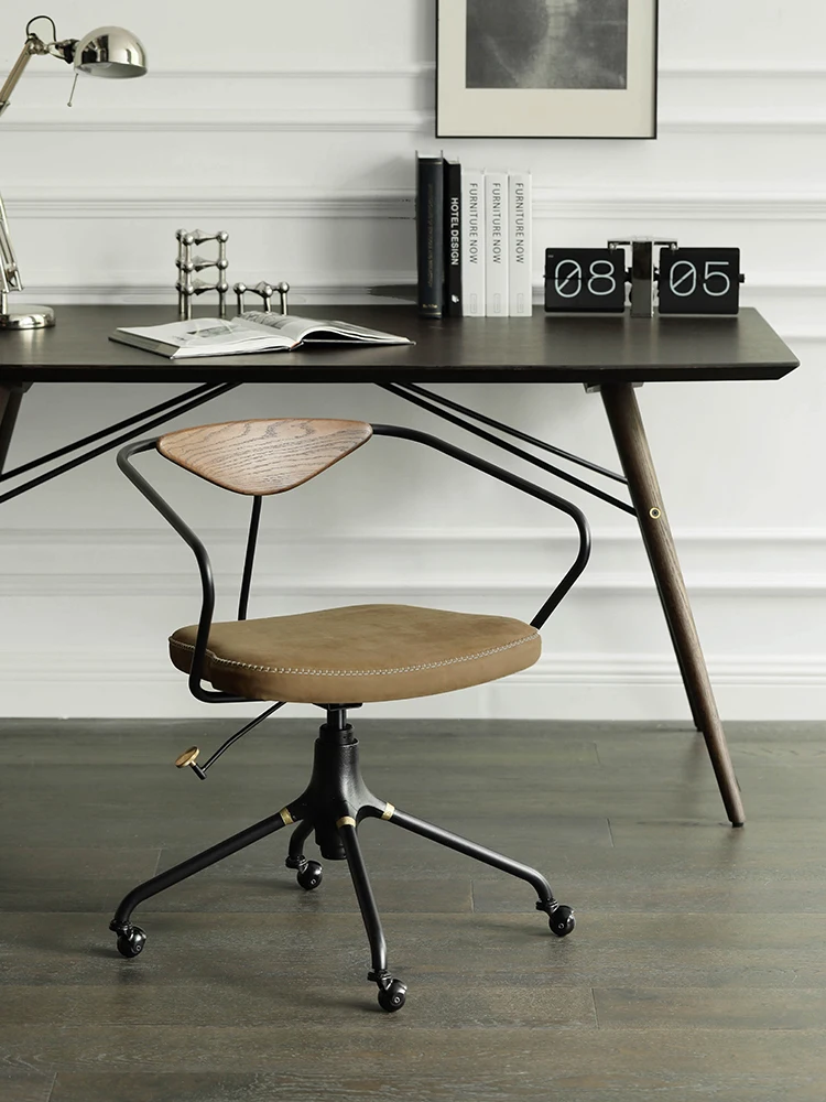 Oak Backrest Industrial Style Iron Leather Office Lifting Swivel Chair
