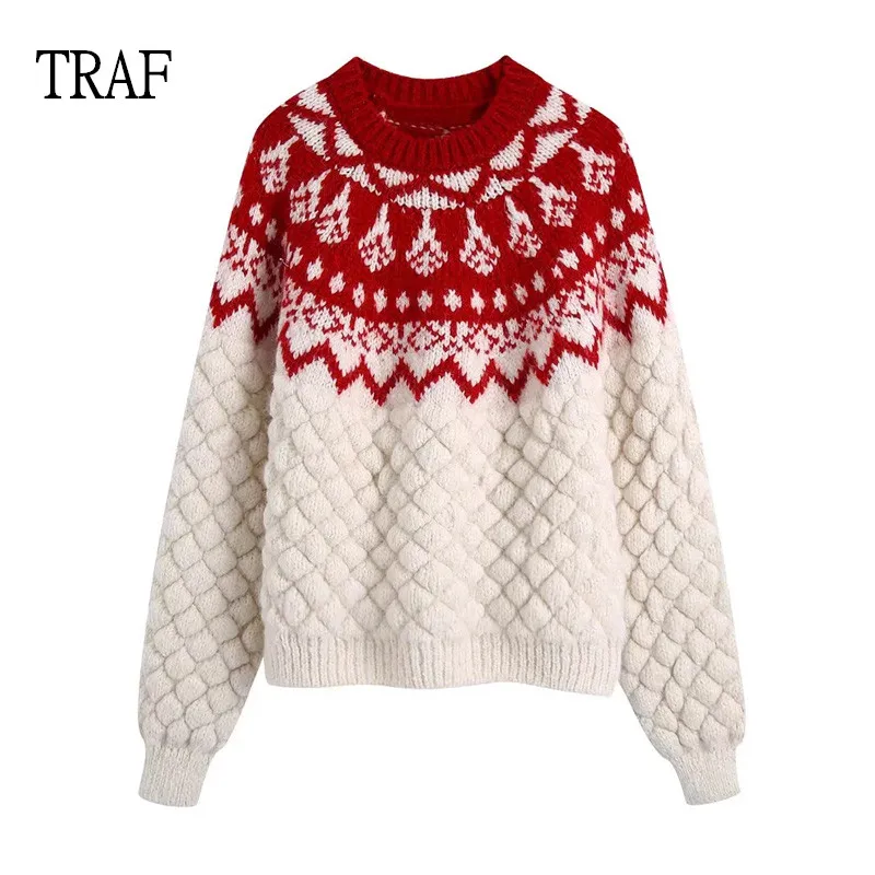 

TRAF Women Sweater Pullover 2021 Autumn Winter O Neck Jacquard Knitted Female Christmas Sweaters Loose Long Sleeve Top Jumper