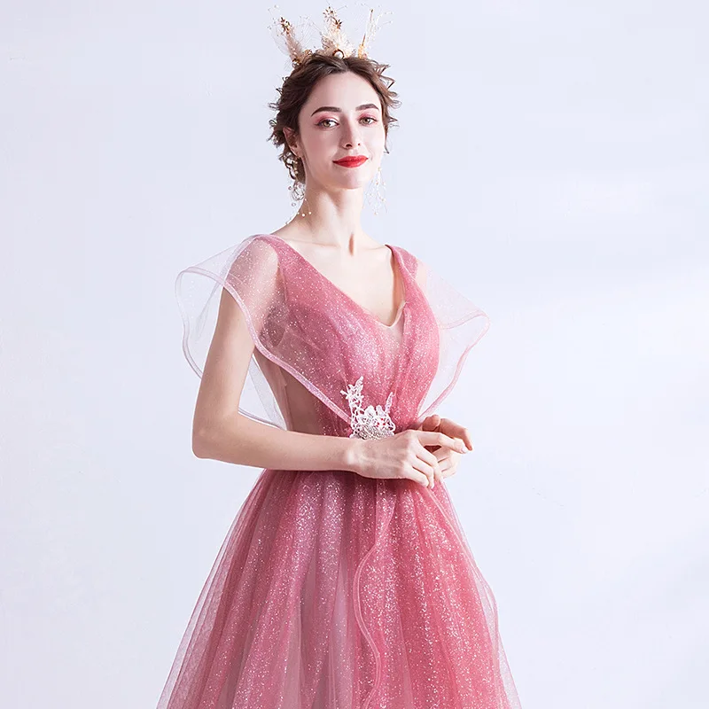 

Elegant V Neck Sleeveless Slim Pink Gradient Starry Dress Exquisite Lace Beadings Embroidery A Line Wedding Dress