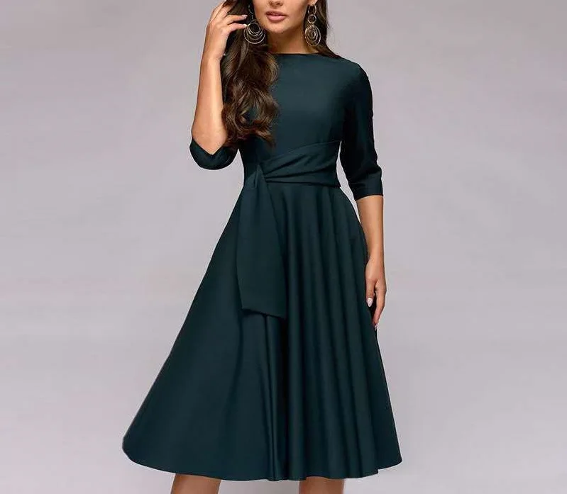 Женское платье-миди с круглым вырезом рукавом 2019 и поясом | Женская одежда