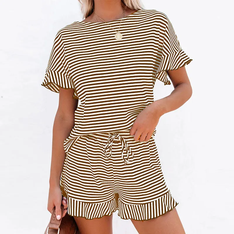 

Women's Summer Striped Ruffles Casual Suits Ladies 2021 Homewear Loose Drawstring Shorts Set O-Neck Two Pieces Sets For Female